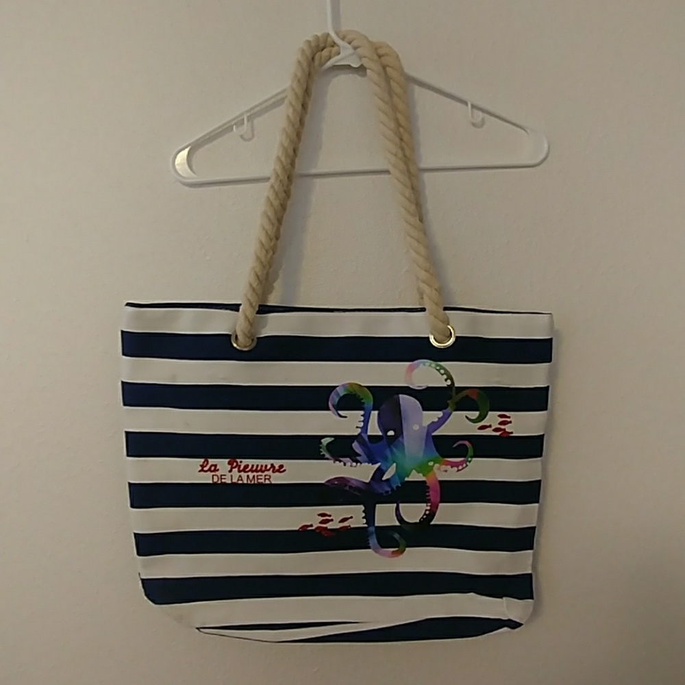 Navy and white striped tote with octopus